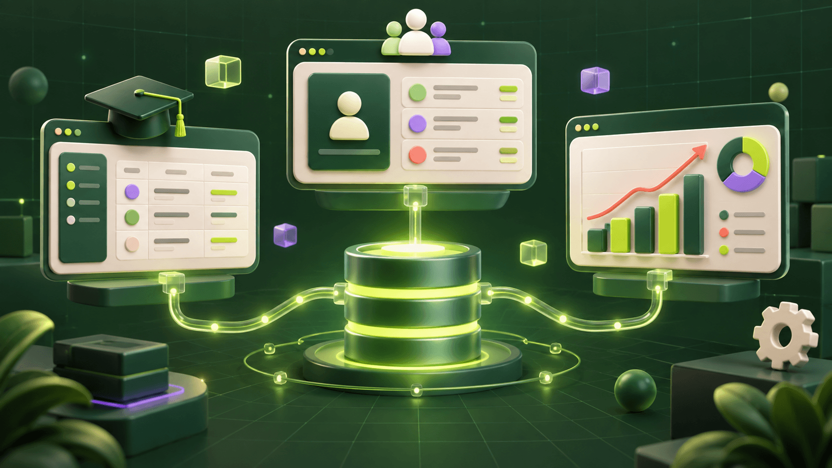 Three connected SAP enterprise applications for education, employee records and sales analytics
